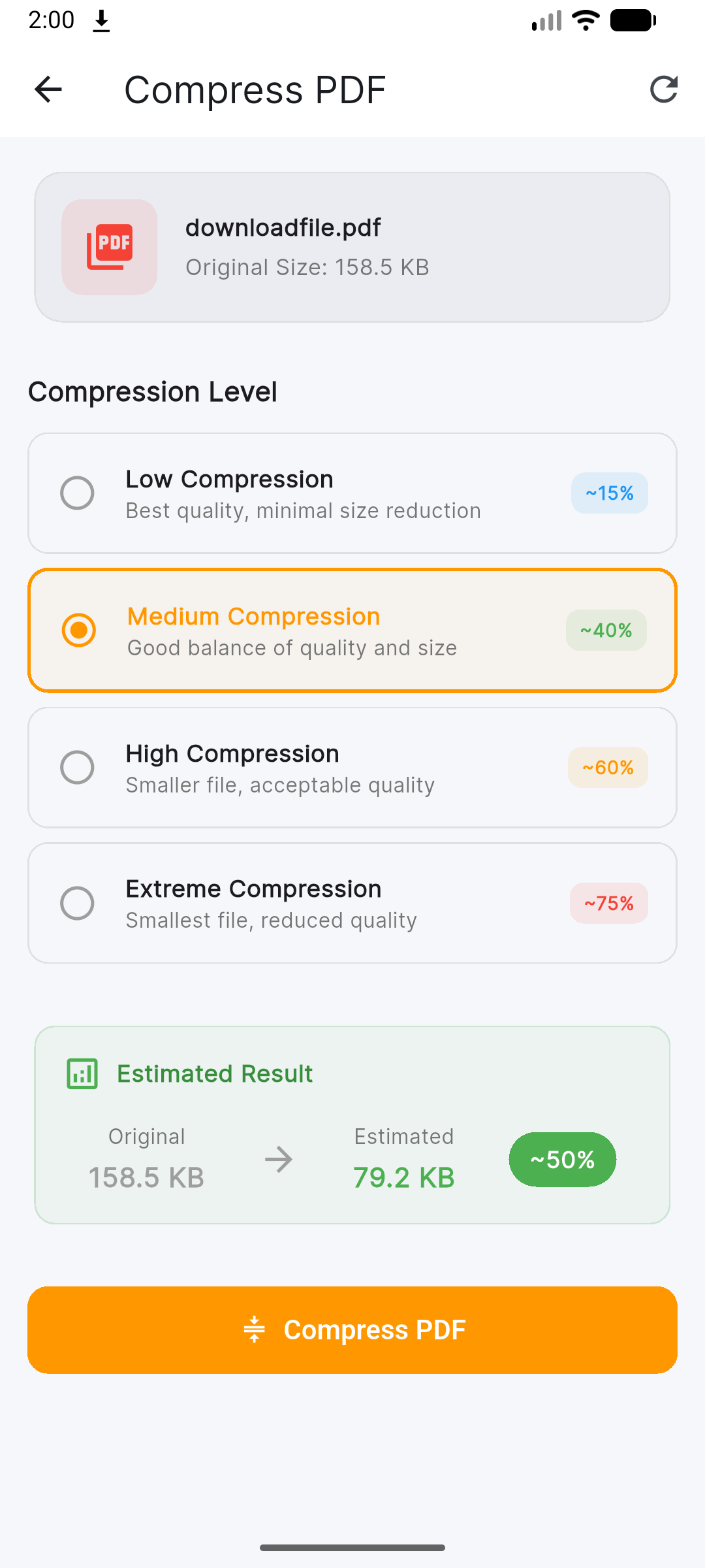 CompressPdf screen of MintPdf