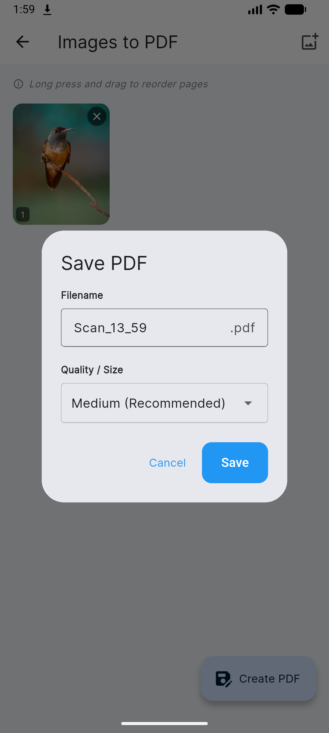 ImageToPdf screen of MintPdf