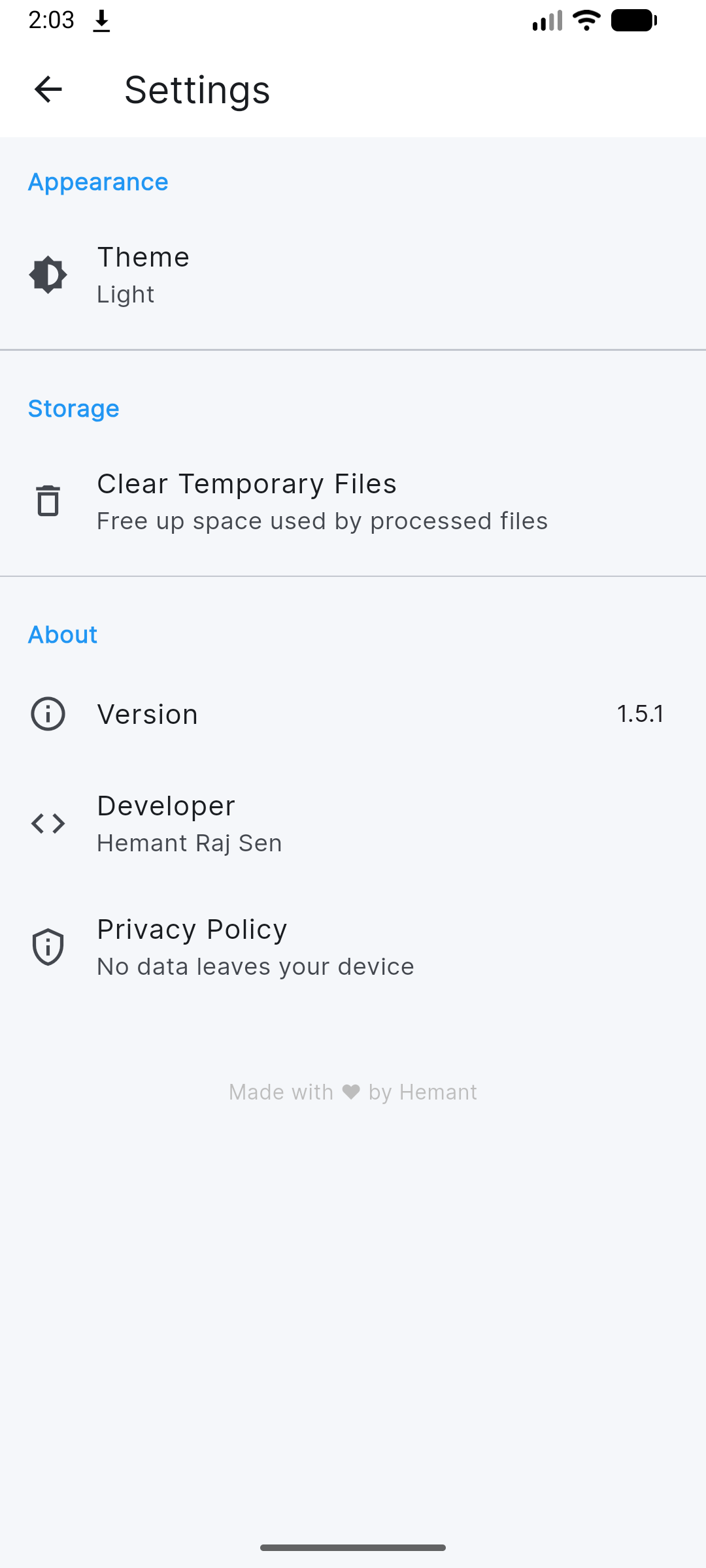 Settings screen of MintPdf